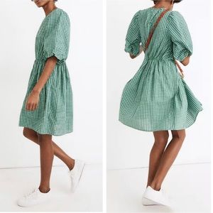 Madewell Gingham Crewneck Bubble-Sleeve Mini Dress
